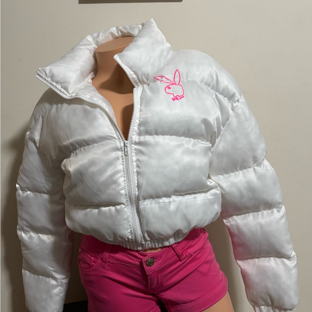 White Puffer Jacket with Pink bunny  Logo